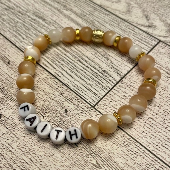 Faith Letter Bracelet Polished Mother of Pearl tan & white, stretch, gold - Picture 3 of 5